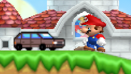a screenshot of new super mario bros wii. the intro car from celeste is on the left, and super mario is on the right, looking at the car. peach's castle is in the background